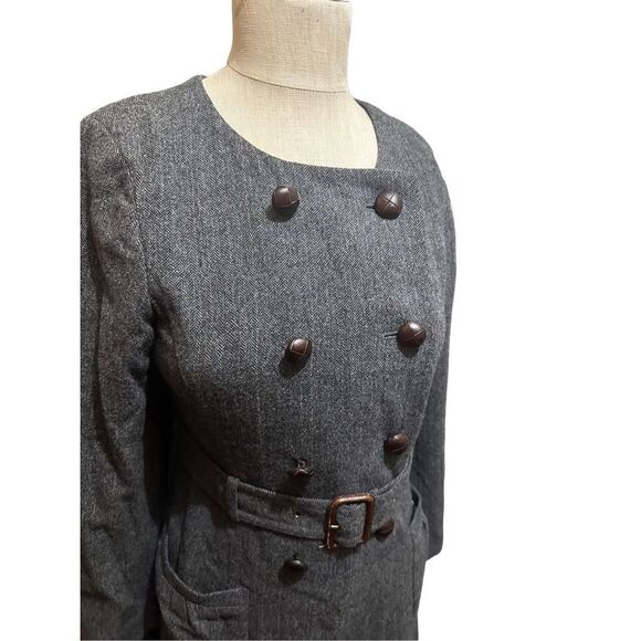 J Crew Double Breasted Wool Blend Gray Belted Collarless Coat Knee Length Size 4 - Picture 3 of 13